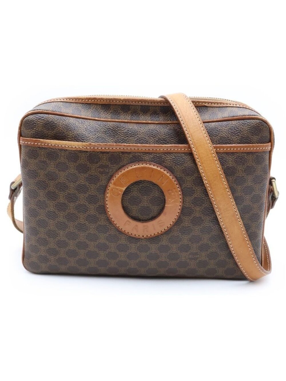 Celine Macadam Pattern Circle Logo Leather Shoulder Bag Brown